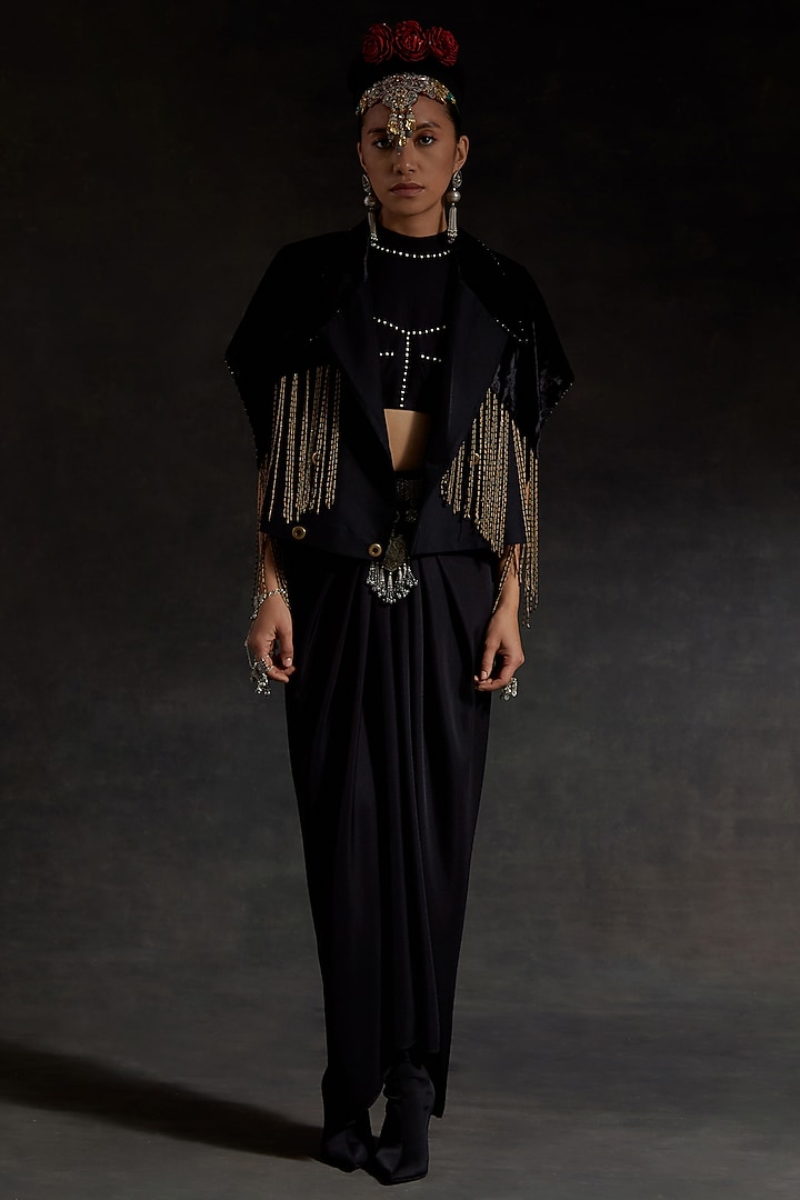 Surmai Black Bercan Dobby Skirt Set by ASEEM KAPOOR at Pernia's Pop Up Shop