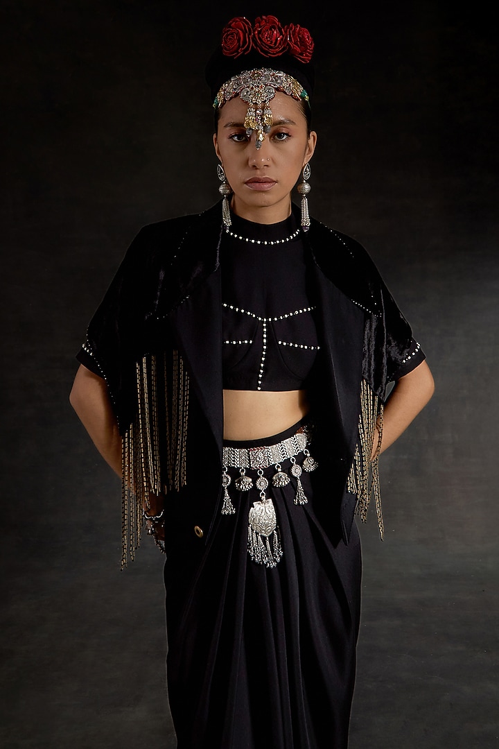 Surmai Black Bercan Dobby Skirt Set by ASEEM KAPOOR at Pernia's Pop Up Shop