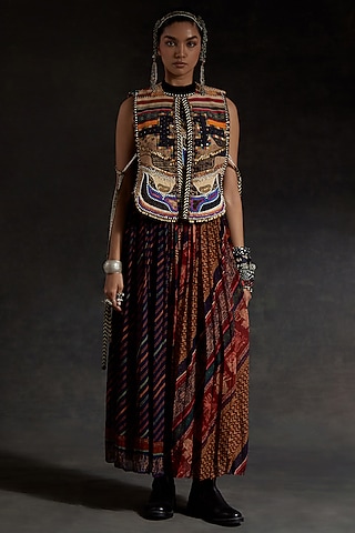 Multi-Colored Sheer Silk Printed Pleated Skirt Set by ASEEM KAPOOR