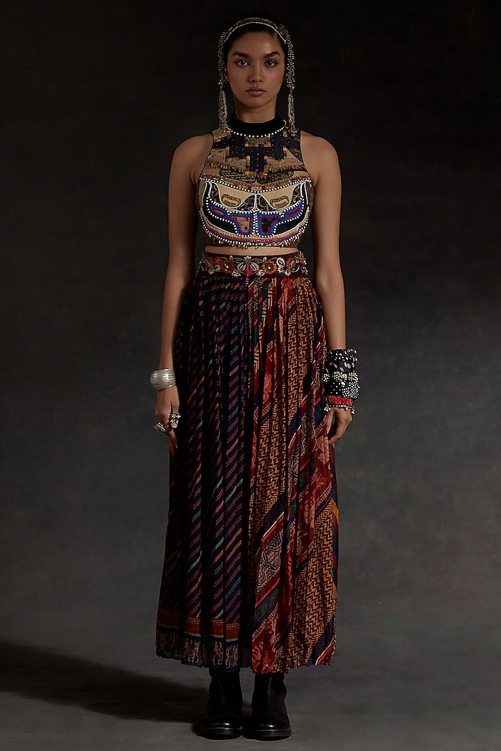 Multi-Colored Sheer Silk Printed Pleated Skirt Set by ASEEM KAPOOR at Pernia's Pop Up Shop