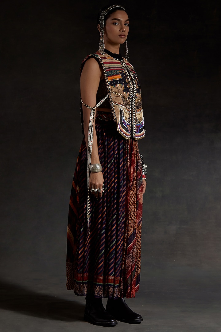 Multi-Colored Sheer Silk Printed Pleated Skirt Set by ASEEM KAPOOR at Pernia's Pop Up Shop
