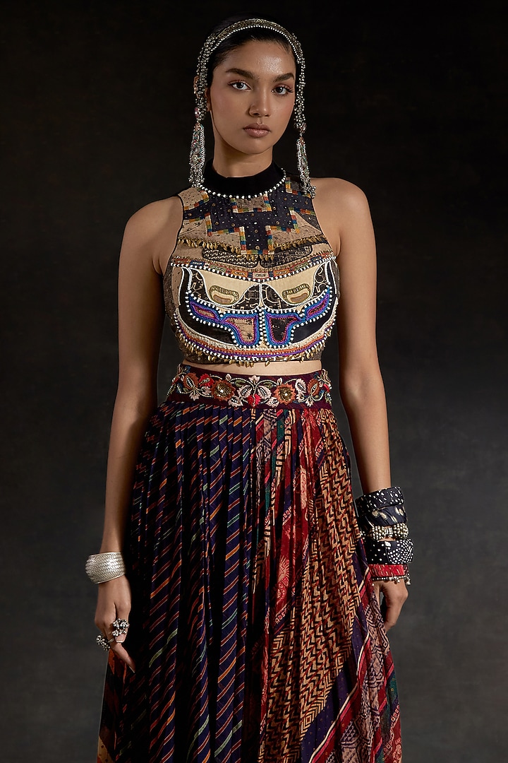Multi-Colored Sheer Silk Printed Pleated Skirt Set by ASEEM KAPOOR at Pernia's Pop Up Shop