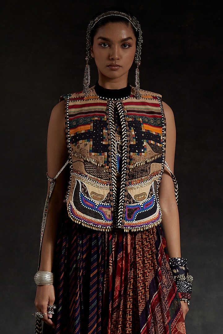 Multi-Colored Sheer Silk Printed Pleated Skirt Set by ASEEM KAPOOR at Pernia's Pop Up Shop
