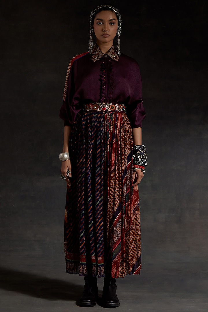 Multi-Colored Sheer Silk Printed Pleated Skirt Set by ASEEM KAPOOR at Pernia's Pop Up Shop