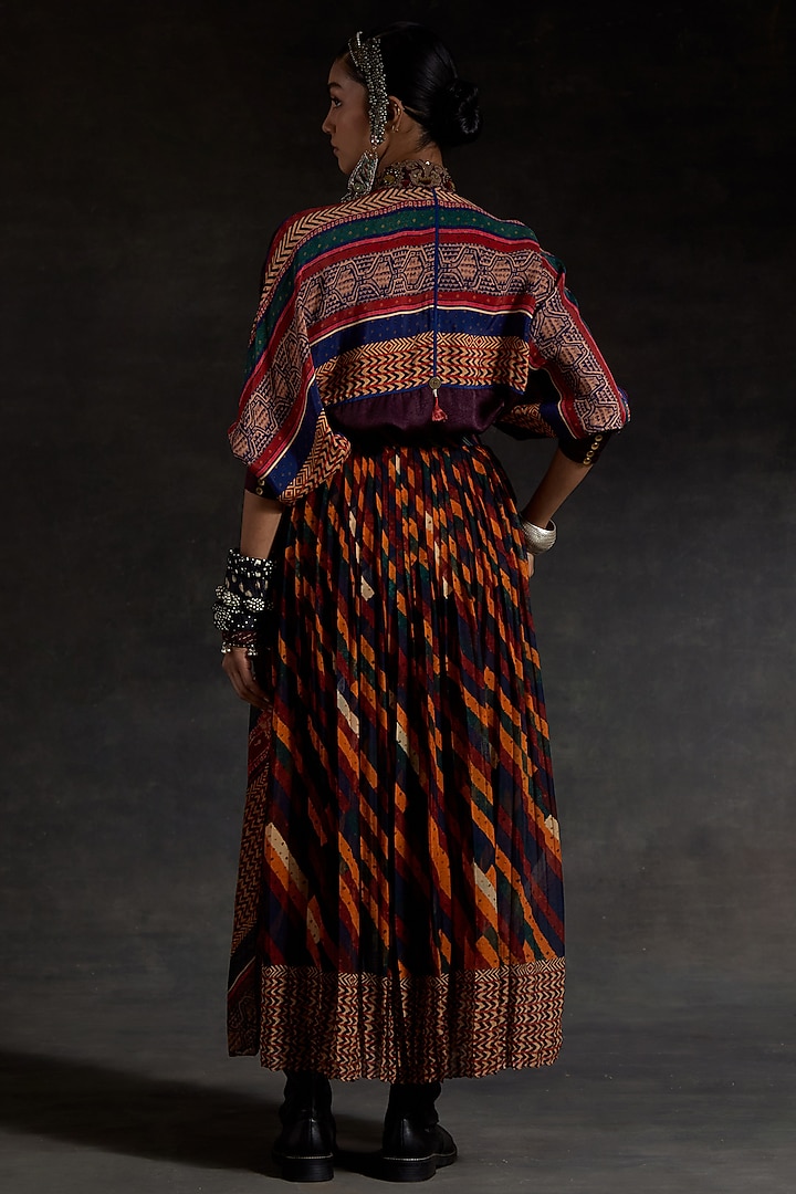 Multi-Colored Sheer Silk Printed Pleated Skirt Set by ASEEM KAPOOR at Pernia's Pop Up Shop