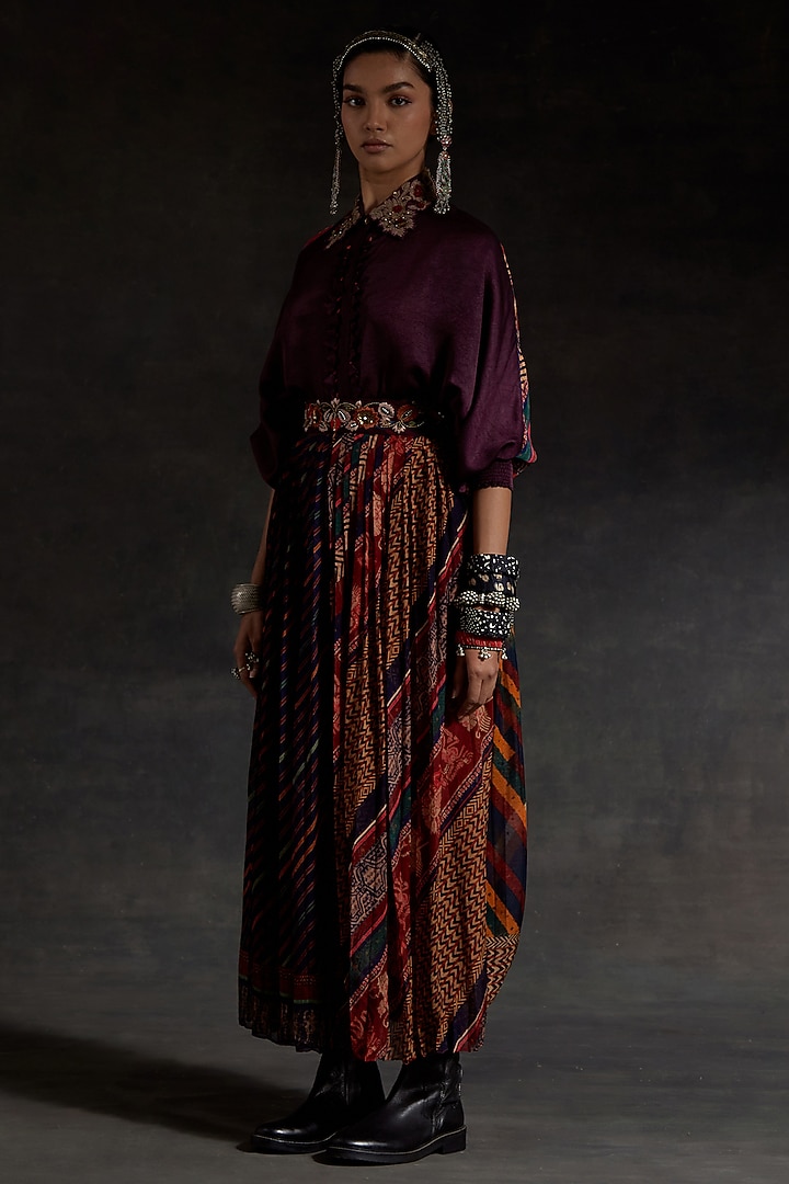 Multi-Colored Sheer Silk Printed Pleated Skirt Set by ASEEM KAPOOR at Pernia's Pop Up Shop