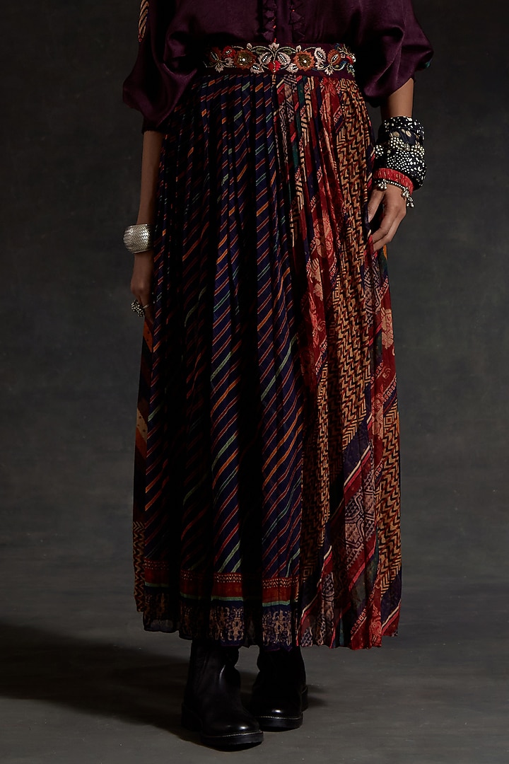 Multi-Colored Sheer Silk Printed Pleated Skirt Set by ASEEM KAPOOR at Pernia's Pop Up Shop