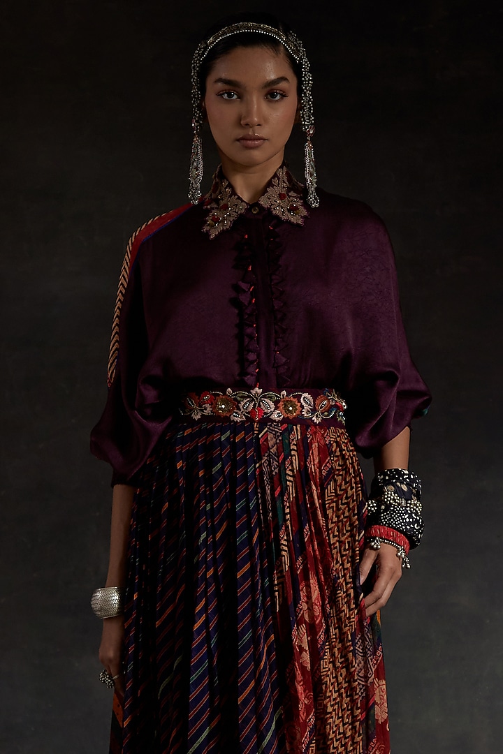 Multi-Colored Sheer Silk Printed Pleated Skirt Set by ASEEM KAPOOR at Pernia's Pop Up Shop