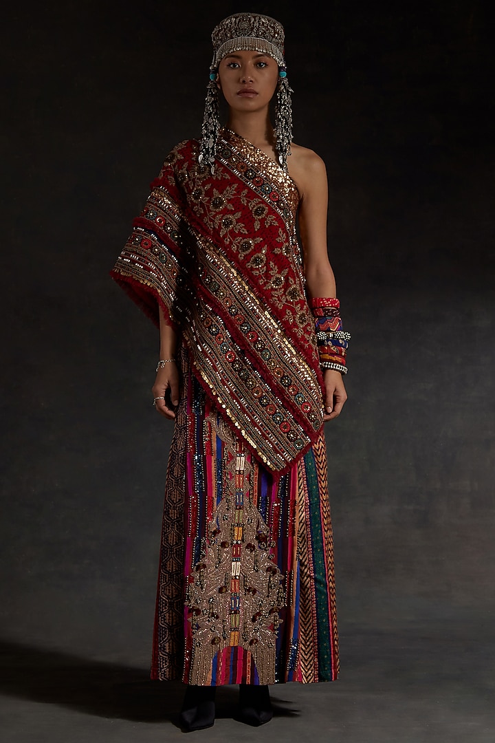 Multi-Colored Mushroom Twill Printed & Embroidered Skirt Set by ASEEM KAPOOR at Pernia's Pop Up Shop