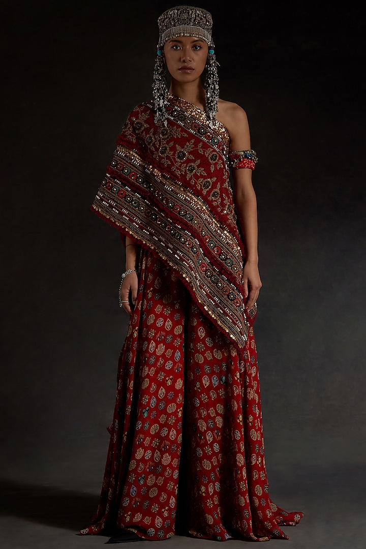 Sindoor Red Sheer Silk Printed Pant Set by ASEEM KAPOOR at Pernia's Pop Up Shop