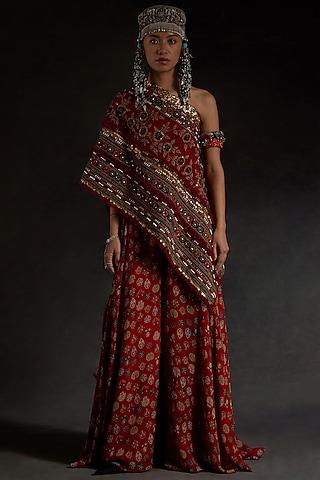 Sindoor Red Sheer Silk Printed Pant Set by ASEEM KAPOOR