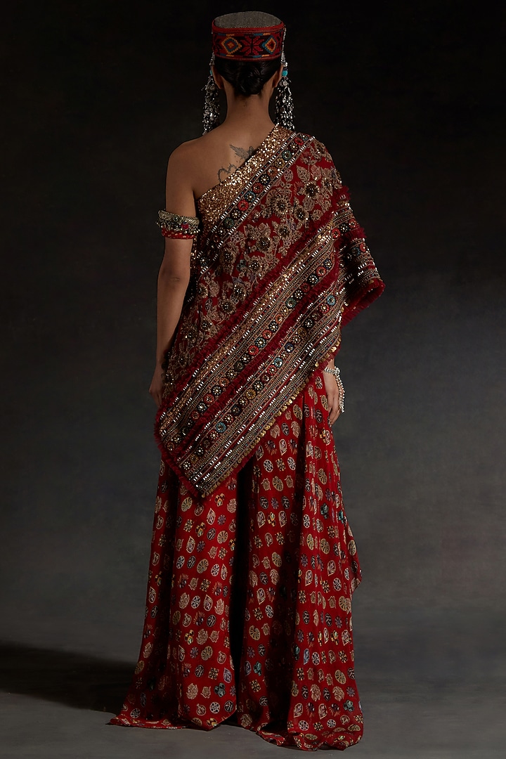 Sindoor Red Sheer Silk Printed Pant Set by ASEEM KAPOOR at Pernia's Pop Up Shop