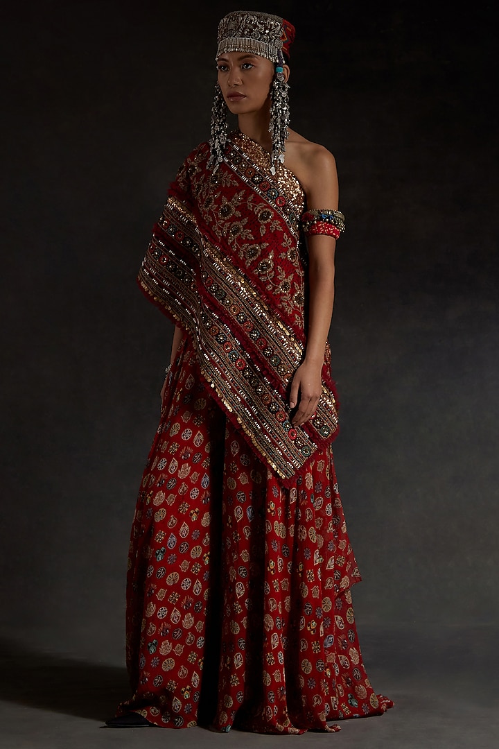 Sindoor Red Sheer Silk Printed Pant Set by ASEEM KAPOOR at Pernia's Pop Up Shop