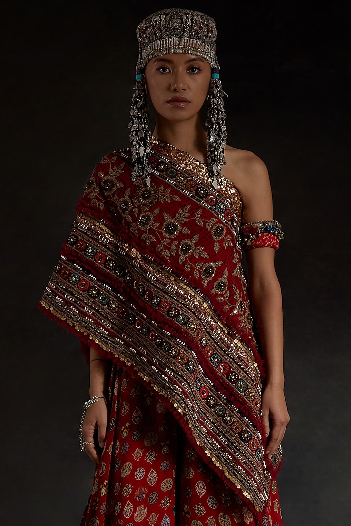 Sindoor Red Sheer Silk Printed Pant Set by ASEEM KAPOOR at Pernia's Pop Up Shop