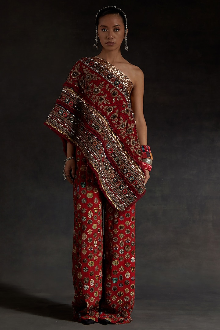 Sindoor Red Mushroom Twill Printed Pant Set by ASEEM KAPOOR at Pernia's Pop Up Shop