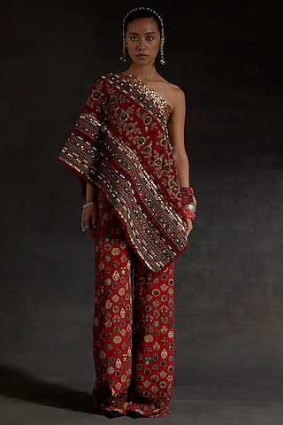Sindoor Red Mushroom Twill Printed Pant Set by ASEEM KAPOOR