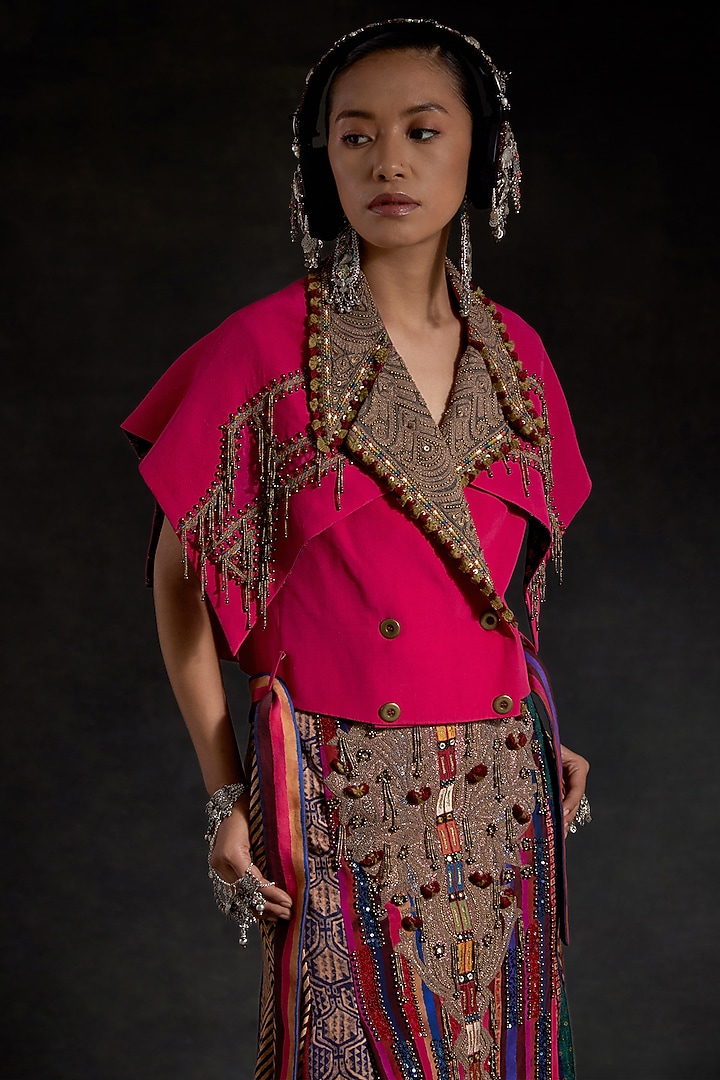 Hot Pink Mushroom Twill Printed & Embroidered Skirt Set by ASEEM KAPOOR at Pernia's Pop Up Shop
