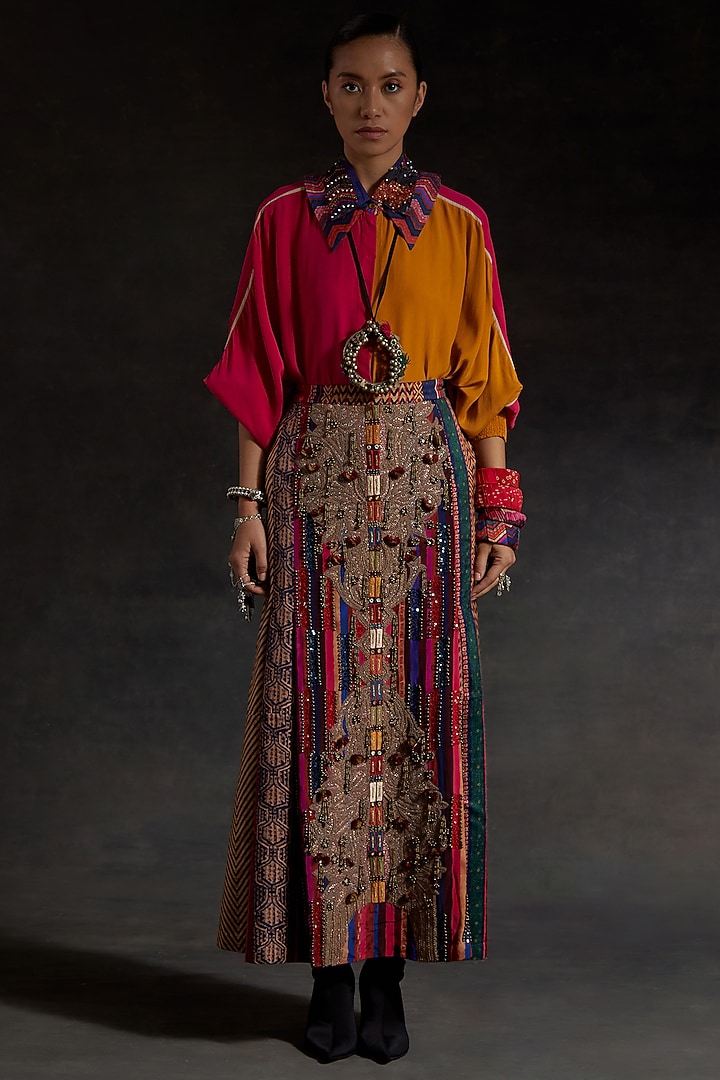 Hot Pink Mushroom Twill Embroidered Skirt Set by ASEEM KAPOOR at Pernia's Pop Up Shop