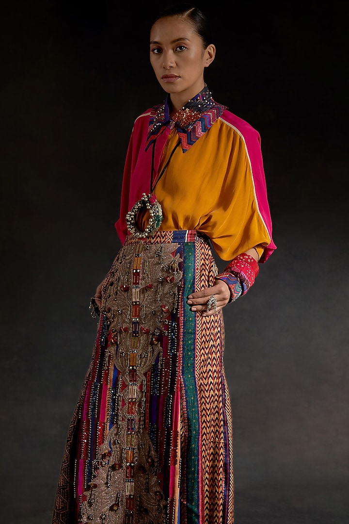 Hot Pink Mushroom Twill Embroidered Skirt Set by ASEEM KAPOOR at Pernia's Pop Up Shop