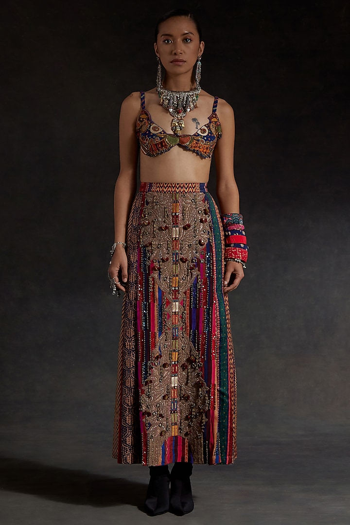 Multi-Colored Mushroom Twill Embroidered & Printed Skirt Set by ASEEM KAPOOR at Pernia's Pop Up Shop