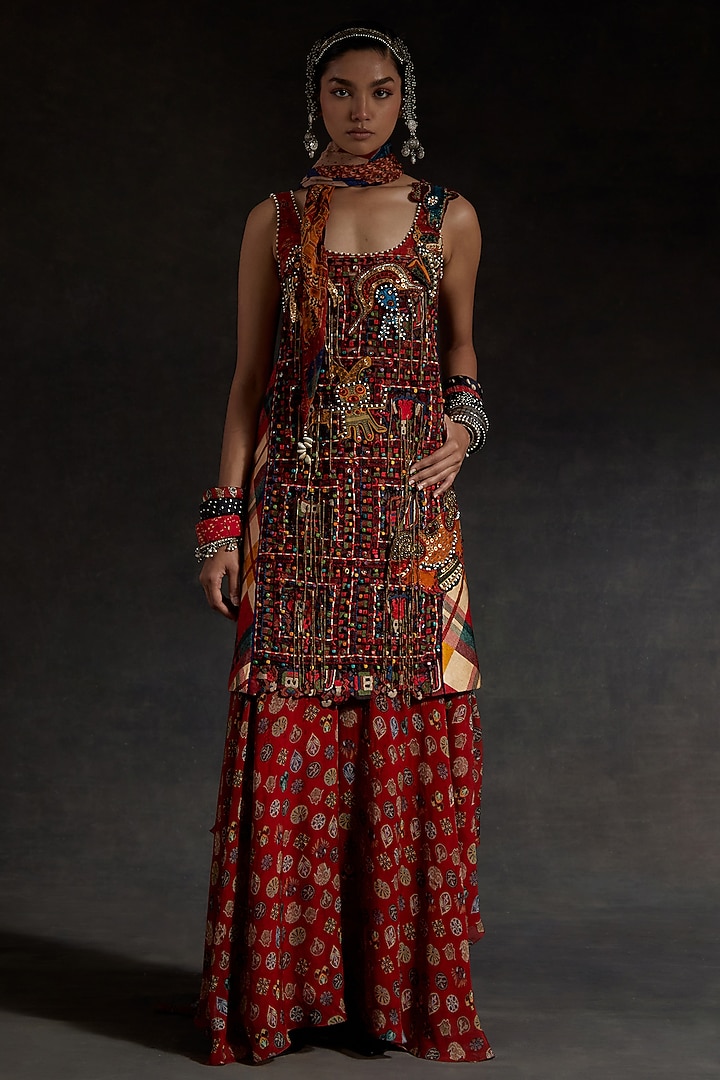 Multi-Colored Sheer Silk Printed & Embroidered Skirt Set by ASEEM KAPOOR at Pernia's Pop Up Shop