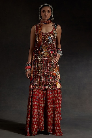 Multi-Colored Sheer Silk Printed & Embroidered Skirt Set by ASEEM KAPOOR