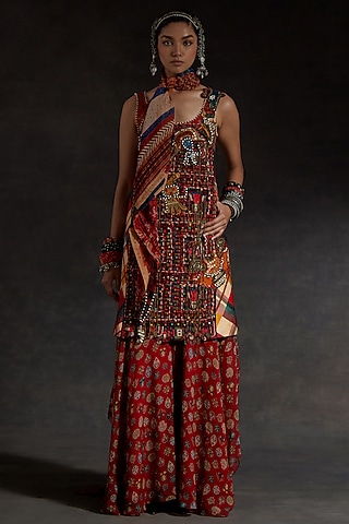 Multi-Colored Sheer Silk Printed & Embroidered Skirt Set by ASEEM KAPOOR
