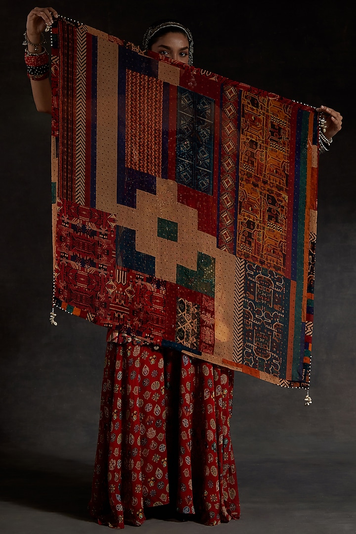 Multi-Colored Sheer Silk Printed & Embroidered Skirt Set by ASEEM KAPOOR at Pernia's Pop Up Shop