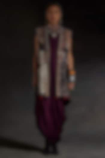Wine Crushed Silk Textured Draped Party Wear Dress With Jacket by ASEEM KAPOOR at Pernia's Pop Up Shop