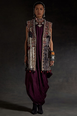 Wine Crushed Silk Textured Draped Dress With Jacket by ASEEM KAPOOR