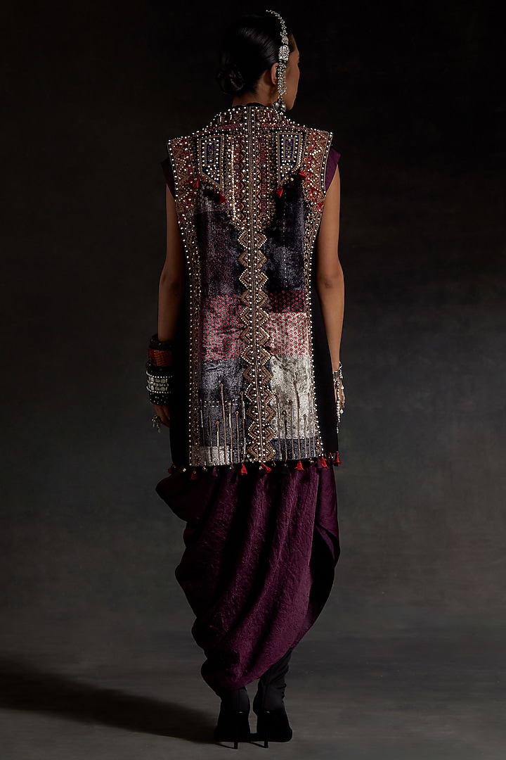 Wine Crushed Silk Textured Draped Party Wear Dress With Jacket by ASEEM KAPOOR at Pernia's Pop Up Shop