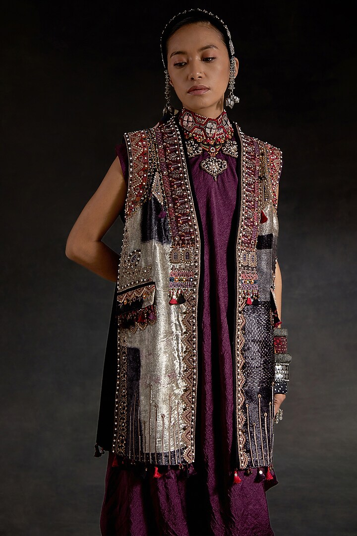 Wine Crushed Silk Textured Draped Party Wear Dress With Jacket by ASEEM KAPOOR at Pernia's Pop Up Shop