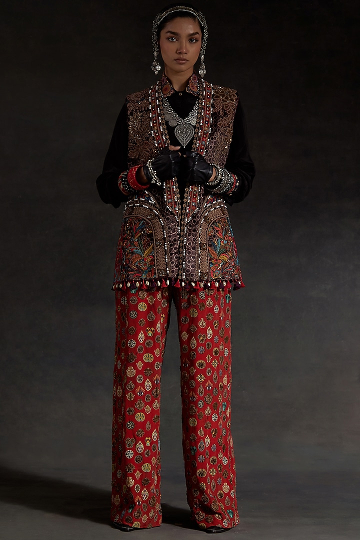 Multi-Colored Velvet Printed & Embroidered Jacket Set by ASEEM KAPOOR at Pernia's Pop Up Shop