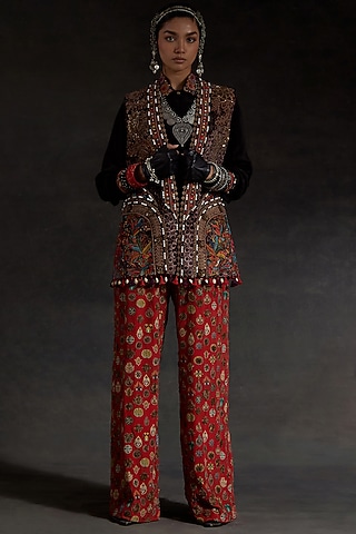 Multi-Colored Velvet Printed & Embroidered Jacket Set by ASEEM KAPOOR