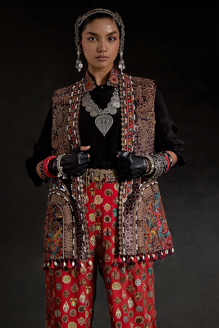 Multi-Colored Velvet Printed & Embroidered Jacket Set by ASEEM KAPOOR at Pernia's Pop Up Shop