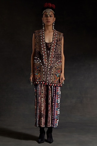 Multi-Colored Velvet Printed Maxi Dress With Jacket by ASEEM KAPOOR