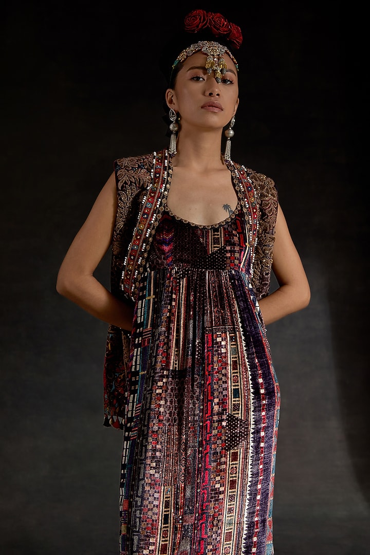 Multi-Colored Velvet Printed Maxi Party Wear Dress With Jacket by ASEEM KAPOOR at Pernia's Pop Up Shop