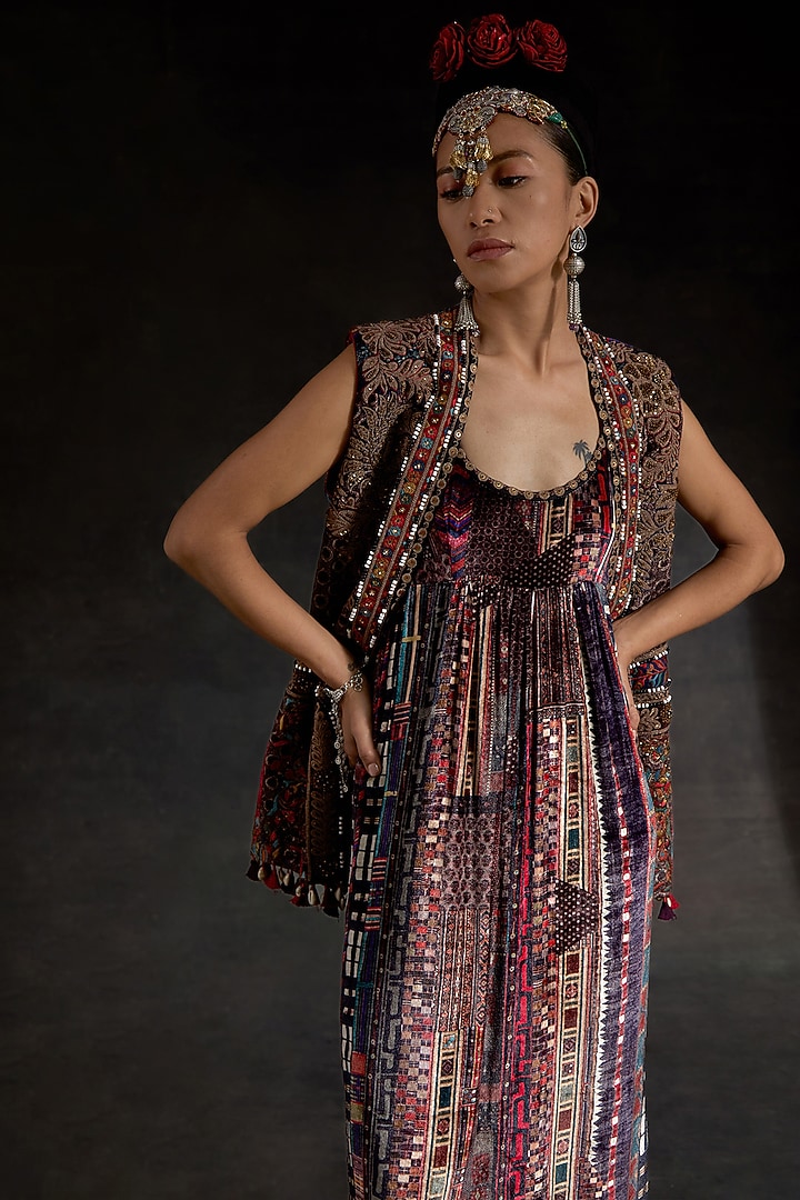 Multi-Colored Velvet Printed Maxi Party Wear Dress With Jacket by ASEEM KAPOOR at Pernia's Pop Up Shop
