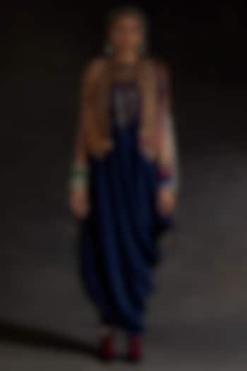 Blue Crushed Silk Textured Draped Party Wear Dress With Gilet by ASEEM KAPOOR at Pernia's Pop Up Shop