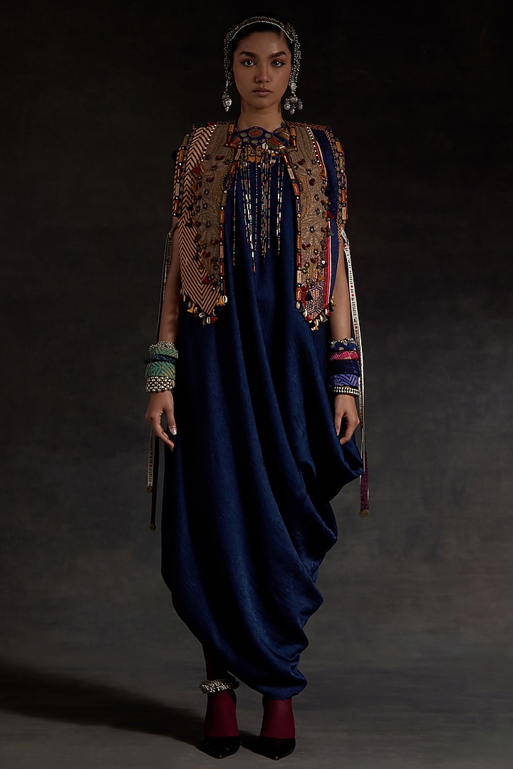 Blue Crushed Silk Textured Draped Party Wear Dress With Gilet by ASEEM KAPOOR at Pernia's Pop Up Shop