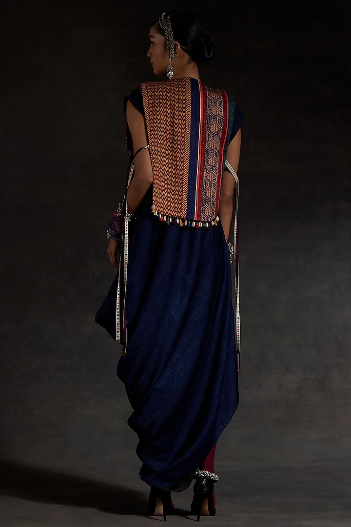 Blue Crushed Silk Textured Draped Party Wear Dress With Gilet by ASEEM KAPOOR at Pernia's Pop Up Shop