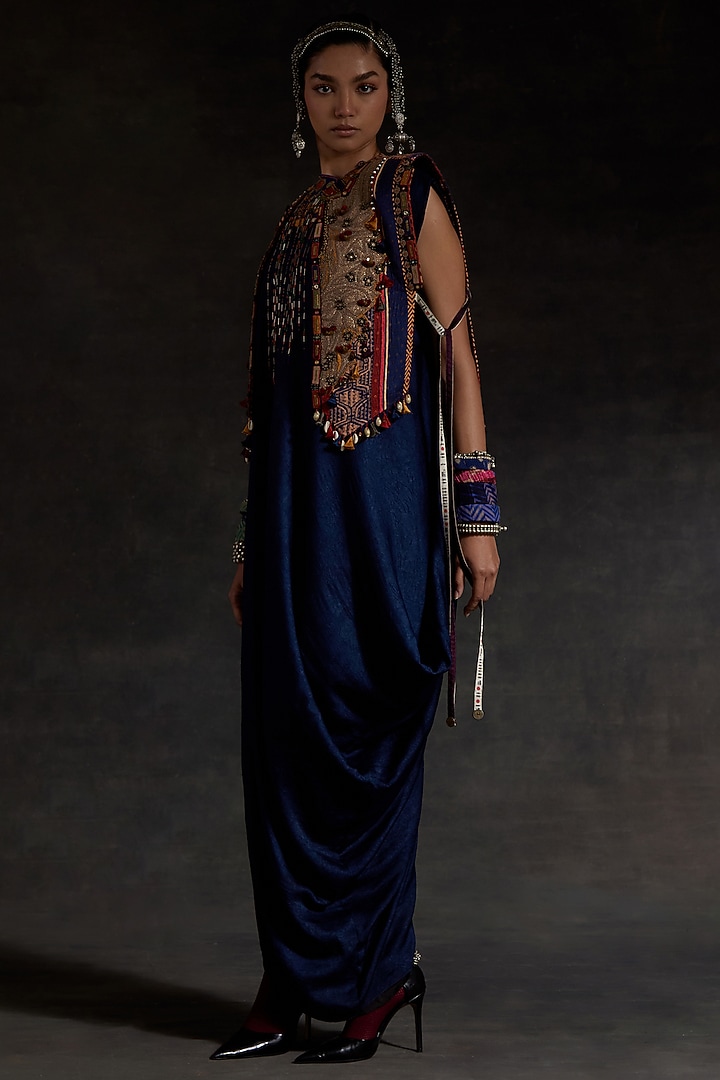 Blue Crushed Silk Textured Draped Party Wear Dress With Gilet by ASEEM KAPOOR at Pernia's Pop Up Shop