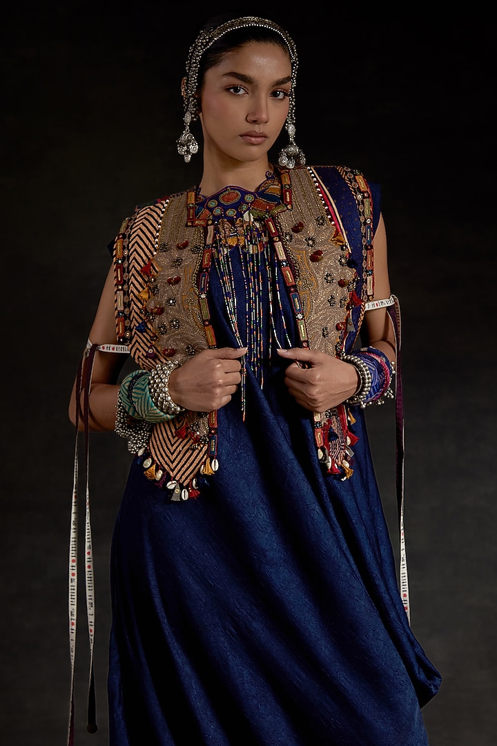 Blue Crushed Silk Textured Draped Party Wear Dress With Gilet by ASEEM KAPOOR at Pernia's Pop Up Shop
