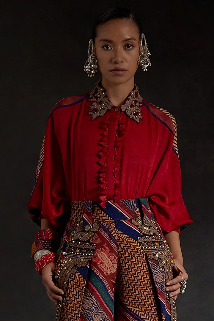 Multi-Colored Crushed Silk & Mushroom Twill Printed Co-Ord Set by ASEEM KAPOOR at Pernia's Pop Up Shop