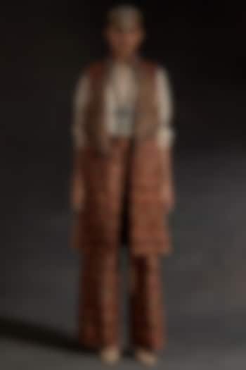 Ecru Beige Mushroom Twill Printed Textured Jacket Set by ASEEM KAPOOR at Pernia's Pop Up Shop