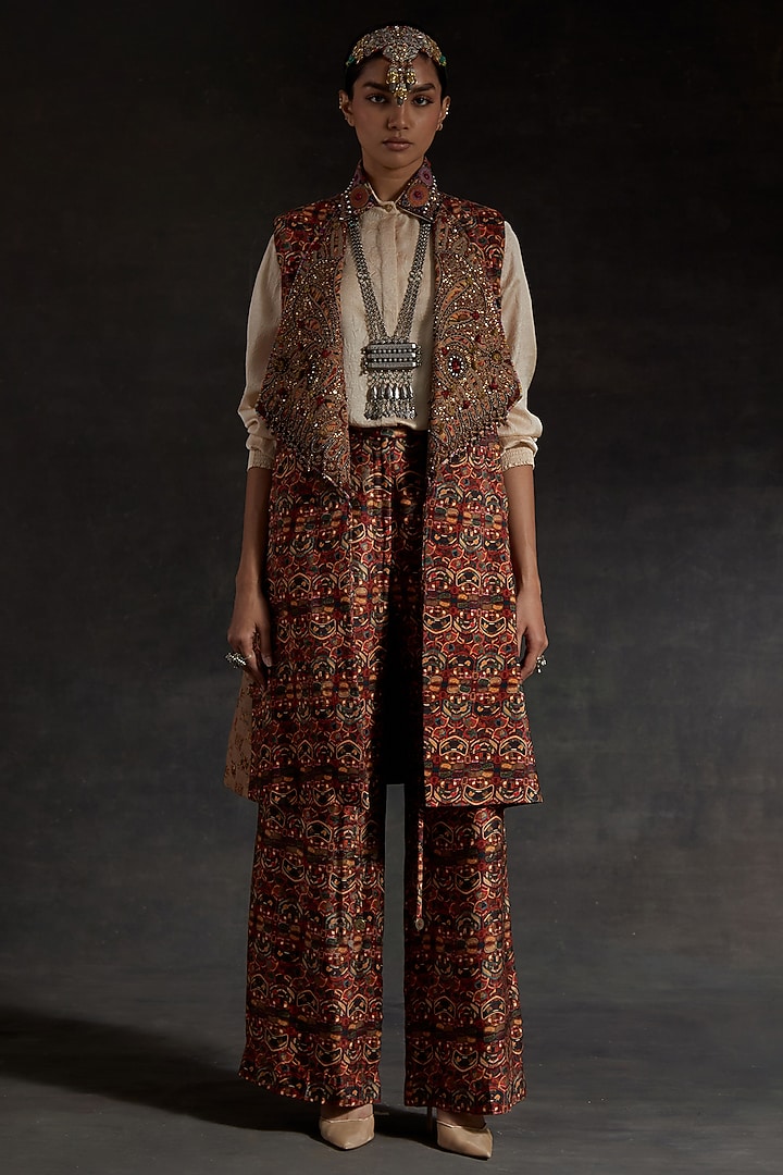 Ecru Beige Mushroom Twill Printed Textured Jacket Set by ASEEM KAPOOR at Pernia's Pop Up Shop