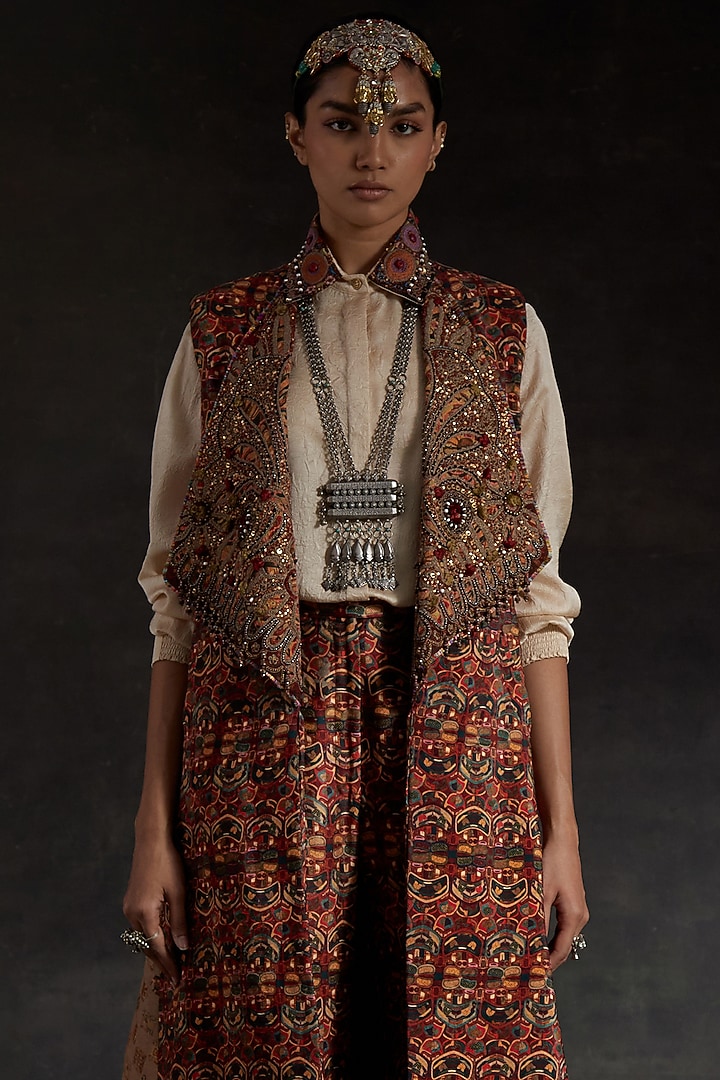 Ecru Beige Mushroom Twill Printed Textured Jacket Set by ASEEM KAPOOR at Pernia's Pop Up Shop