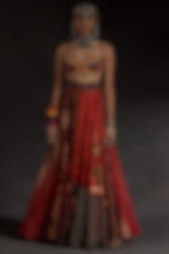 Sindoor Red Sheer Silk Printed Layered Skirt Set by ASEEM KAPOOR at Pernia's Pop Up Shop