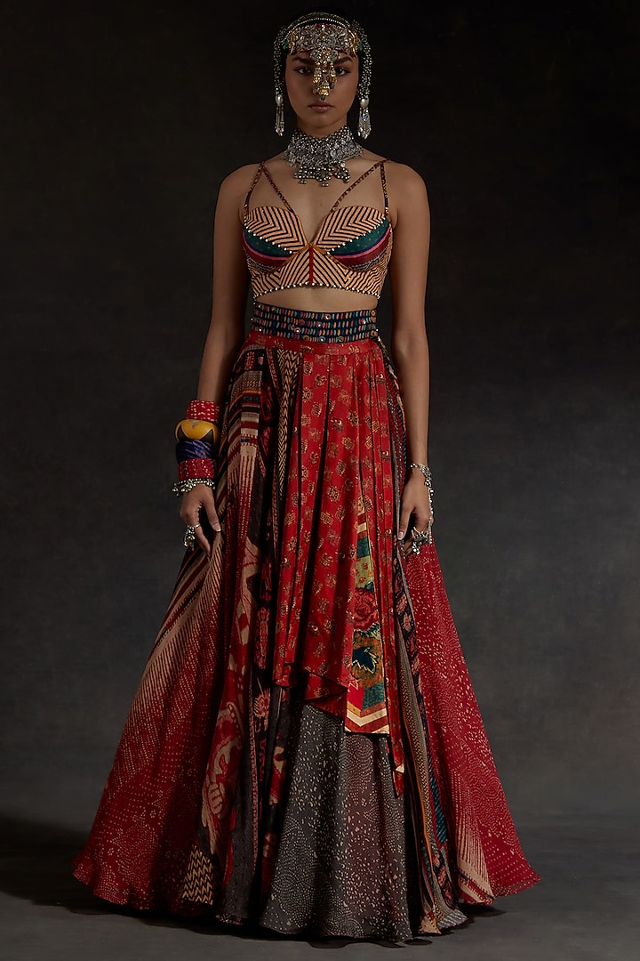 Sindoor Red Sheer Silk Printed Layered Skirt Set by ASEEM KAPOOR at Pernia's Pop Up Shop