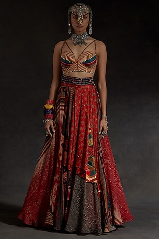 Sindoor Red Sheer Silk Printed Layered Skirt Set by ASEEM KAPOOR